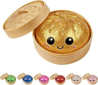 Dumpling Squishies, Glitter Dumpling Mystery Box, Colorful Dumplings Stress Balls Toy, Stocking Stuffers with Food Steamer Stretchy Desk Toys (Golden)