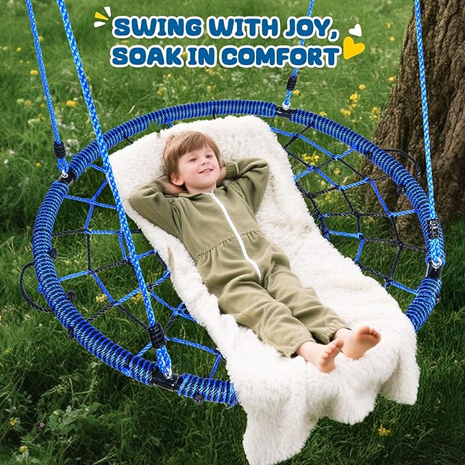 Trekassy 750lbs 40“ Spider Web Saucer Tree Swing for Kids Adults, Outdoor Net Swing with Steel Frame and 2 Hanging Straps-Blue+Black (Patented)