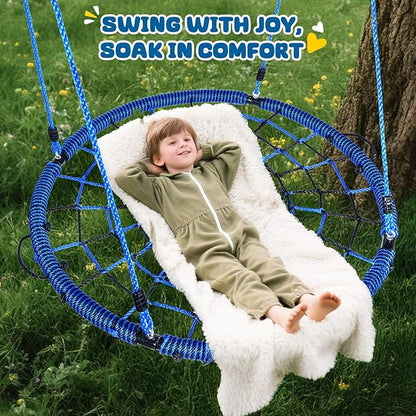 Trekassy 750lbs 40“ Spider Web Saucer Tree Swing for Kids Adults, Outdoor Net Swing with Steel Frame and 2 Hanging Straps-Blue+Black (Patented)