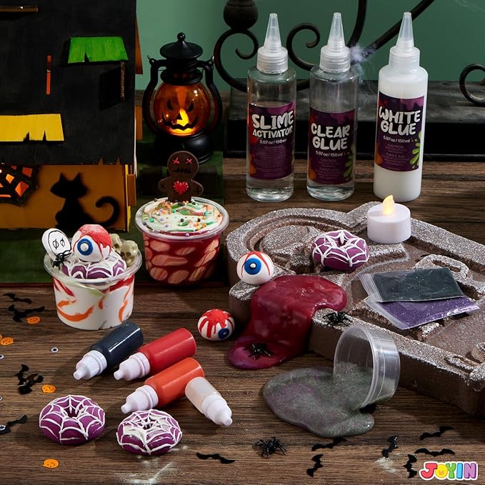 JOYIN Halloween Slime Kit for Kids, Halloween Party Favor, Art Activities Party Supplies, DIY Slime Craft Kit with Cauldron Kettle, Spooky Bats, Eyeballs, Pumpkins, Skeletons, Spiders, Party Game Gift
