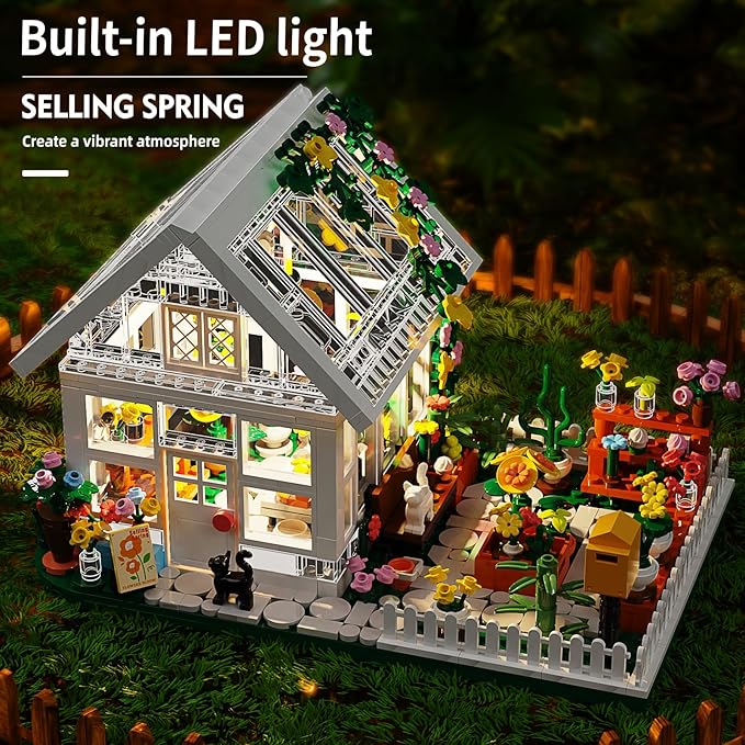 Flower House Building Mini Set with LED, City Street View Greenhouse Building Blocks Toy, Valentine Xmas Gift for Friends or Girls 8-12 Year