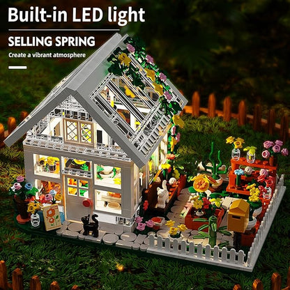 Flower House Building Mini Set with LED, City Street View Greenhouse Building Blocks Toy, Valentine Xmas Gift for Friends or Girls 8-12 Year