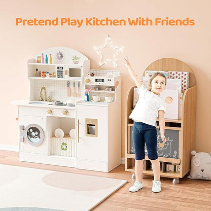 JOYMOR Kids Play Kitchen Sets w/Coffee Machine & Plenty of Play Kitchen Accessories, Wooden Kitchen Set Gift, Ideal for Creative Pretend Play for Toddlers, Girls & Boys (Cream&Gold)