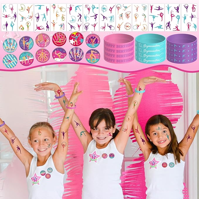 Gymnastics Party Favors, Gymnastics Birthday Party Decorations Supplies for Your Little Dance Gymnasts, Including Gift Bags, Slap Bracelets, Rubber Bracelets, Stickers, Tattoo Stickers, Button Pin