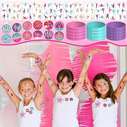 Gymnastics Party Favors, Gymnastics Birthday Party Decorations Supplies for Your Little Dance Gymnasts, Including Gift Bags, Slap Bracelets, Rubber Bracelets, Stickers, Tattoo Stickers, Button Pin
