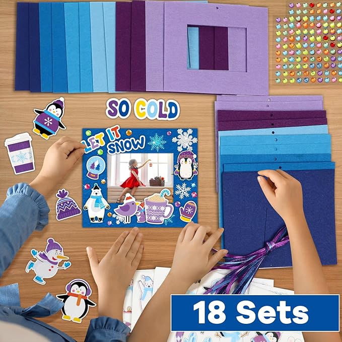 Qyeahkj 506pcs Winter Foam Arts Craft Picture Frame Kit for Kids, 18 Sets Felt Picture Frame with Easel for Winter Snowman Snowflake DIY Party Game Activities Favors Decors Supplies