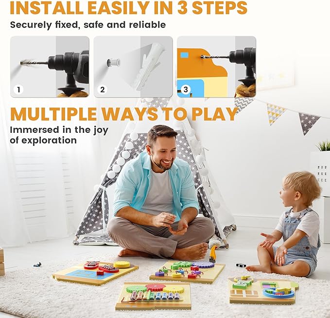BlueWood 2024 8 in 1 Pikler Triangle Climbing Set, School Bus Wall Busy Board Panels