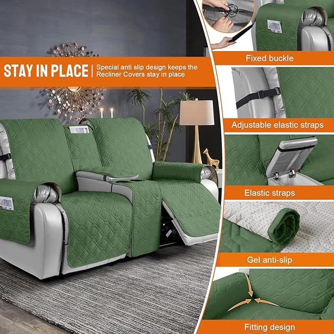VANSOFY Loveseat Recliner Cover with Console 100% Waterproof Sofa Slipcovers Non-Slip Reclining Couch Cover Split Sofa Covers Furniture Protector for Pets, Dogs(Vine Green)