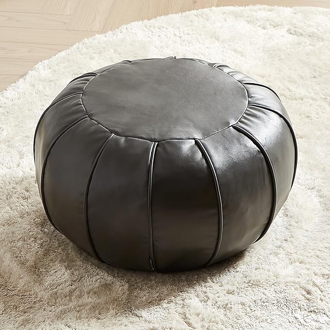 Louis Donné Unstuffed Pouf Ottoman,Faux Leather Ottoman Pouf Cover, Supersoft Handmade Moroccan Decor, Storage Solution, Foot Rest, Footstool, Pouffe for Balcony Office Indoor 21dia Grey
