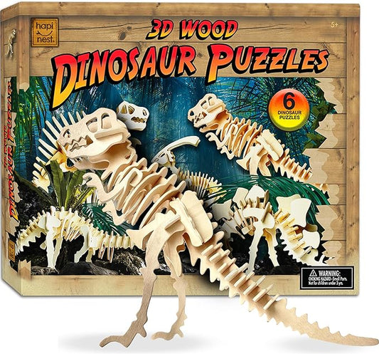 Hapinest 3D Puzzle Wooden Dinosaur Puzzles, 3D Wooden Puzzles Dinosaur Model Kit for Kids, Makes 6 Dinos, Building Toys Wood 3D Puzzles for Kids Boys & Girls Ages 5 6 7 8 9 10 11 12 Years Old & Up