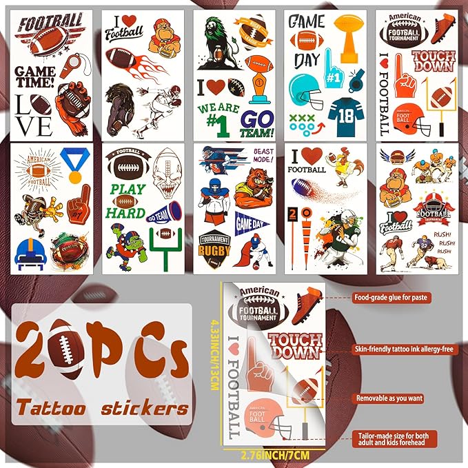 60PCs Football Party Favor Football Silicone Bracelet Football Slap Bracelet Tattoos for Football Sports Themed Birthday Party Decor Goodie Bag Fillers (Football)