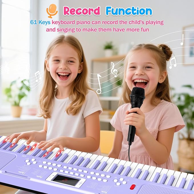 Piano Keyboard, 61 Key Upgrade Kids Pianos Music Toy with Light-up Keys & Pro Teaching Modes, Dual Speaker, 70 Demos,100 Tones, 100 Rhythms Perfect Christmas/Birthday Gift for Kids (Purple)