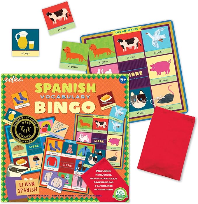 eeBoo: Spanish Bingo Vocabulary Game, A Game of Imaginative Problem Solving, Educational Games That Cultivates Conversation, Socialization, and Skill-Building, Learn Spanish, for Ages 5 and up