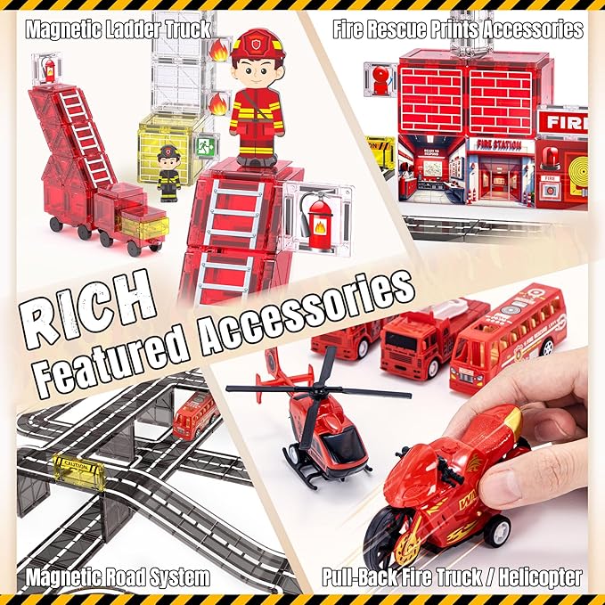 141PCS Magnetic Tiles for kids, Fire Rescue Theme Magnet Tiles with Fire Station & Fire Rescue Vehicles, STEM Magnetic Tiles for Kids Ages 4-8, Preschool Educational Building Toys for Boys & Girls