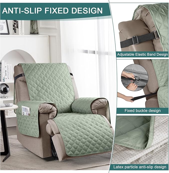 Ruaozz 100% Waterproof Recliner Chair Cover Non-Slip Reclining Cover for Recliner Chair Washable Chair Seat Cover with Elastic Straps for Kids, Dogs, Pets (Sage Green, 23'')