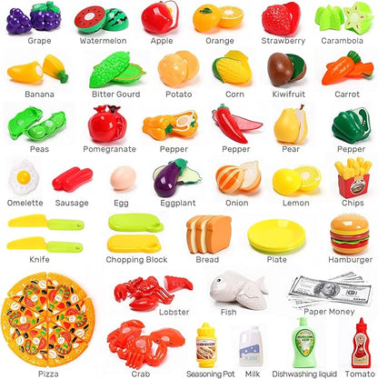 HOLYFUN 100 PCS Cutting Play Food Toy for Kids Kitchen, Pretend Fruit & Vegetables Accessories with Shopping Basket, Plastic Mini Dishes, Play Money, Perfect Educational Toy for Toddlers Boys & Girls