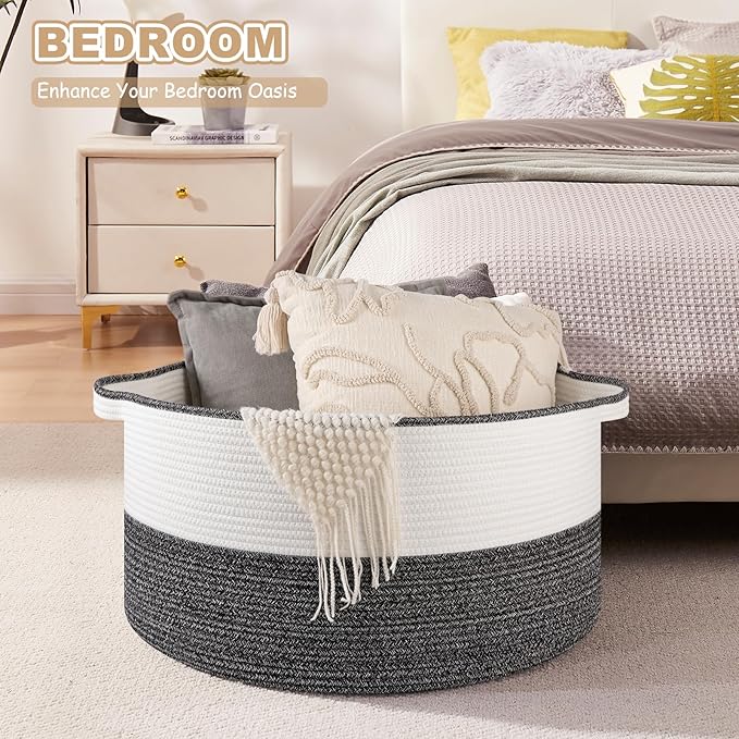 OIASKET Large Blanket Basket with Handles, 22.8" x 22.8" x 13" Woven Storage Basket for Living Room, Cotton Rope Baby Toy Storage for Clothes, Pillows, Towels-Black & White
