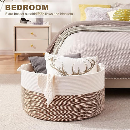 OIASKET Large Blanket Storage Basket for Living Room, 22.8" x 22.8" x 13" Woven Cotton Rope Basket with Handles, Baby Toy Storage, Laundry Hamper for Clothes, Pillows, Towels-Yellow and White