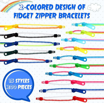 Yinkin 200 Pieces Party Favors 7.9 Inch Friendship Fidget Zipper Bracelets 15 Neon Colors Sensory Bracelet Toys Fidgets Friendship Bracelets for Classroom Rewards Birthday Goodie Bags Fillers