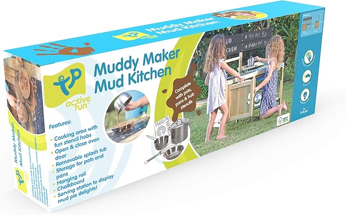 Mud Play Kitchen For Kids - Indoor, Outdoor Wooden Toy Toddler Kitchen Playset with Accessories, Durable, Weatherproof, Removable Sink, Chalkboard, Wood Burner Stencils, Easy Assembly, Ages 3+
