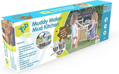 Mud Play Kitchen For Kids - Indoor, Outdoor Wooden Toy Toddler Kitchen Playset with Accessories, Durable, Weatherproof, Removable Sink, Chalkboard, Wood Burner Stencils, Easy Assembly, Ages 3+