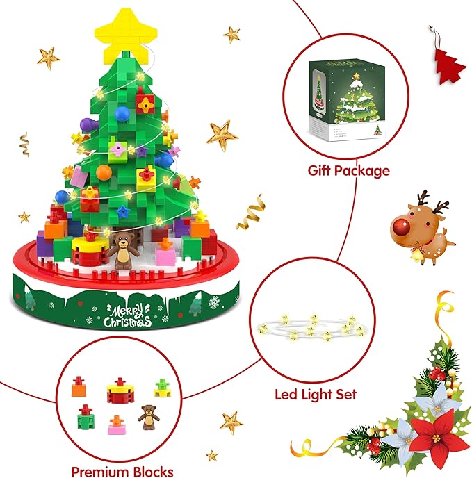 Christmas Tree Building Blocks Toy Building Sets, 542 Pcs Christmas Décor Building Kit with LED Light, Christmas Tree Toy Tabletop Christmas Ornament Xmas Gifts Stocking Stuffers for Kids Adults