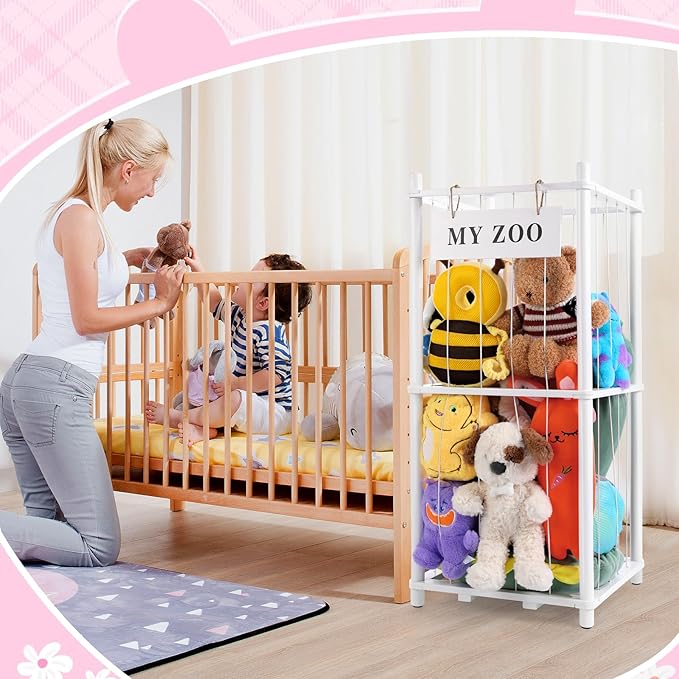 GLDZI Stuffed Animal Storage Zoo, Wooden Stuffed Animal Organizer with Elastic Cords for Boys Girls, Space Saving Toy Plushies Storage Holder for Playroom, Bedroom, Living Room (White, Small)