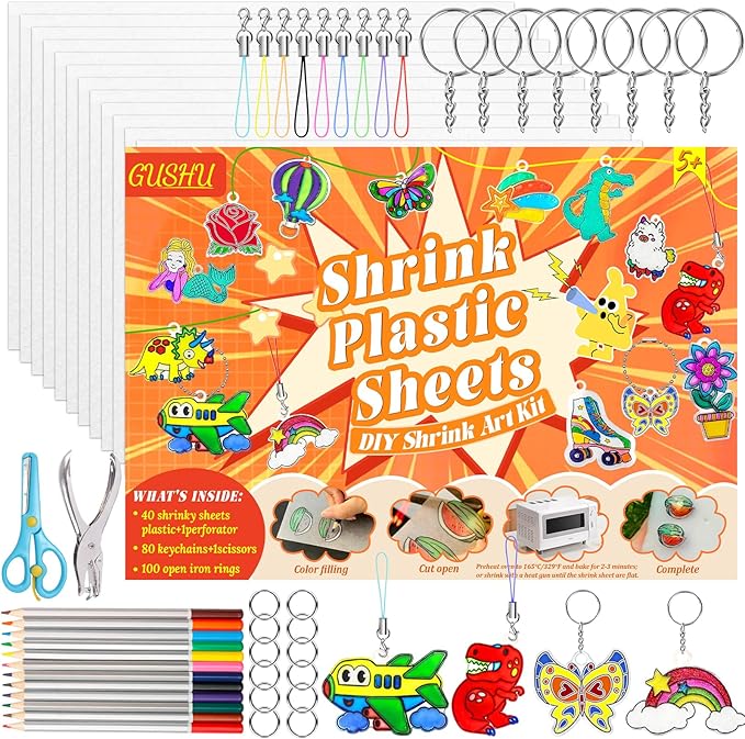 Gushu 235 Pcs Shrinky Plastic Sheets Keychain Kit, 40 Pcs Shrinky Paper Sheets, Hole Punch, Pencils, Keychains, Accessories for DIY Crafts, Creative Handprint Art for Teens & Adults
