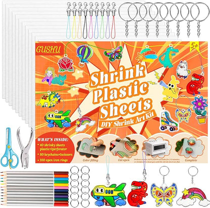Gushu 235 Pcs Shrinky Plastic Sheets Keychain Kit, 40 Pcs Shrinky Paper Sheets, Hole Punch, Pencils, Keychains, Accessories for DIY Crafts, Creative Handprint Art for Teens & Adults