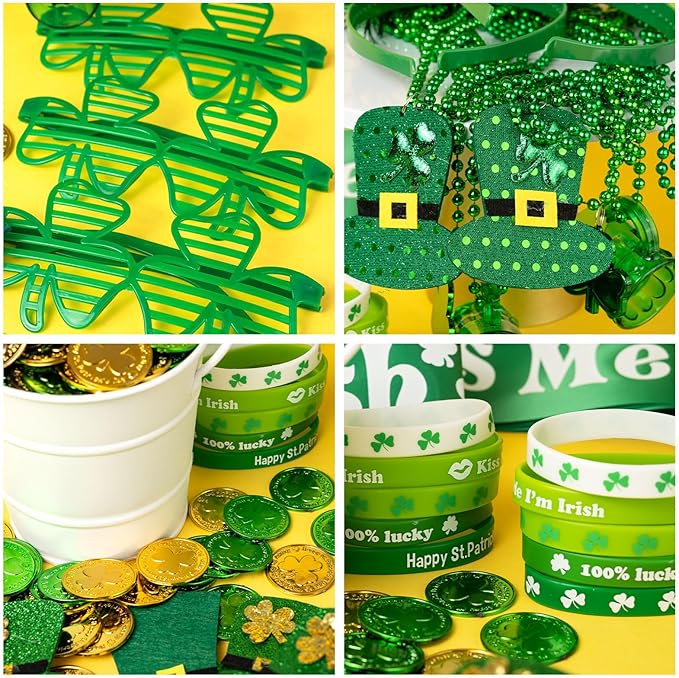 180Pcs St. Patrick's Day Accessories Party Favor Set, Tattoo Stickers, Necklaces, Bracelets, Shamrock Glasses, Headbands, Mustaches, Coins and Kiss Me I'm Irish Sash for Irish Party Supplies