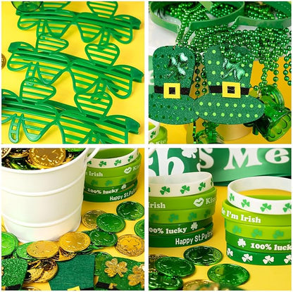 180Pcs St. Patrick's Day Accessories Party Favor Set, Tattoo Stickers, Necklaces, Bracelets, Shamrock Glasses, Headbands, Mustaches, Coins and Kiss Me I'm Irish Sash for Irish Party Supplies