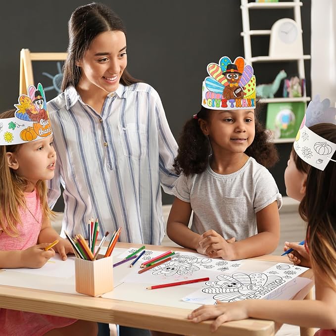 Color Your Own Turkey Crowns,24Pcs Thanksgiving Turkey Coloring Crowns Paper Turkey Hats Thanksgiving Crafts for Kids Family Classroom School and Holiday Craft Activity