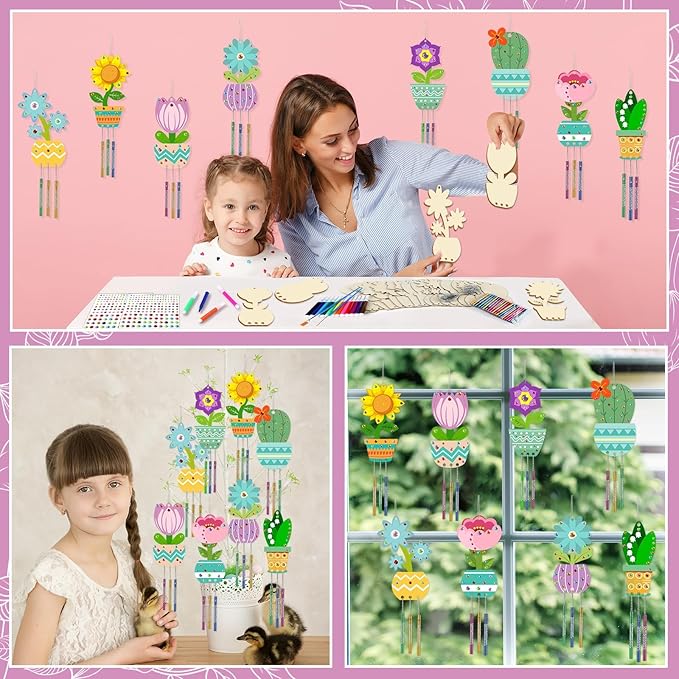 gisgfim 16 Pack Flower Wind Chime Crafts Kits for Kids Make Your Own Flower Wind Chime Wooden DIY Arts and Crafts Decoration for Birthday Party School Classroom Decorations Supplies Birthday Favors