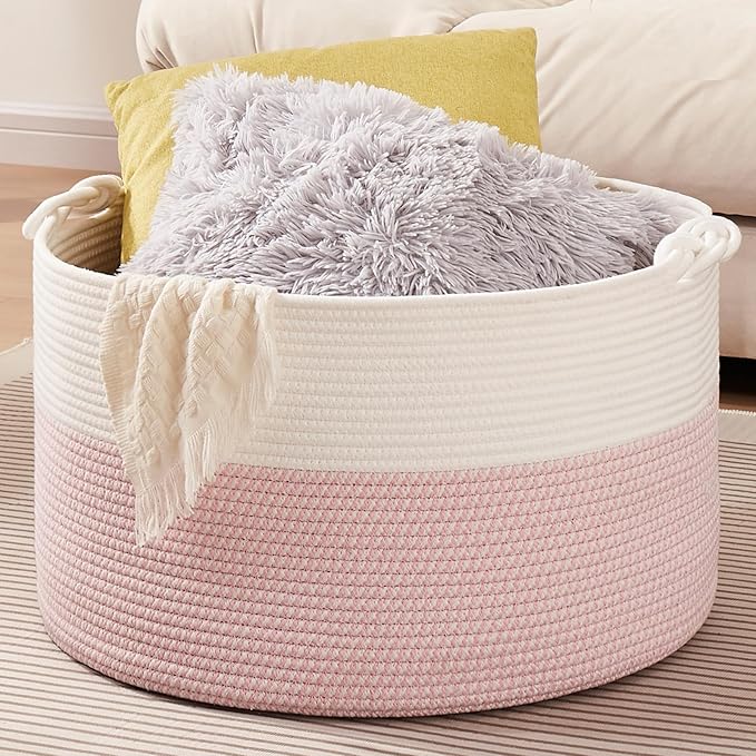 OIASKET Large Blanket Storage Basket for Living Room, 22.8" x 22.8" x 13" Woven Cotton Rope Basket with Handles, Baby Toy Storage, Laundry Hamper for Clothes, Pillows, Towels-Pink and White