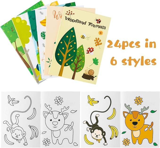 GROBRO7 24Pcs Woodland Animals Coloring Books for Kids DIY Art Drawing Book with Rabbit Monkeys Squirrel Bear Hedgehog Pattern Color Booklets for Toddlers Birthday Party Favors Goodie Bag Filler