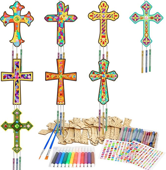 gisgfim Easter 16 Pack Cross Wind Chime Crafts Kits for Kids Make Your Own Sunday School Craft Christian Crafts Wooden DIY Arts for Party School Classroom Decorations Supplies Birthday Favors