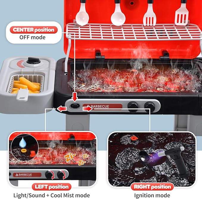 CUTE STONE Kids BBQ Grill Toys, Color Changing Play Food, Sizzling Sound & Light Effects, Cool Mist Spray, Pretend Cooking with Frying & Grilling, 2-Tier BBQ on Wheels - Kitchen Toy, Birthday Gift