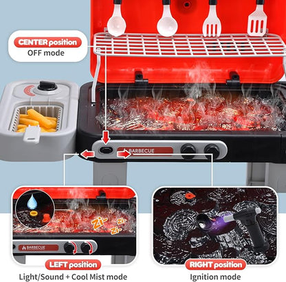 CUTE STONE Kids BBQ Grill Toys, Color Changing Play Food, Sizzling Sound & Light Effects, Cool Mist Spray, Pretend Cooking with Frying & Grilling, 2-Tier BBQ on Wheels - Kitchen Toy, Birthday Gift