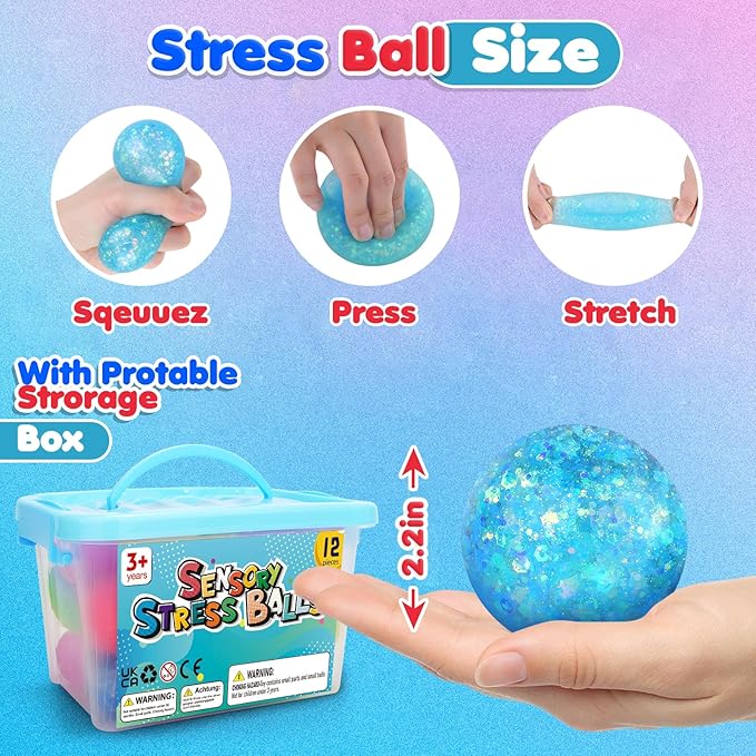 Stress Balls Fidget Sensory Toys: 12 Pack Squishy Stress Balls for Kids 3-12 - Hand Therapy Sensory Ball with Nervousness Pressure Relief - Squeeze Stress Toys Bulk - Classroom Prize Gift for Student