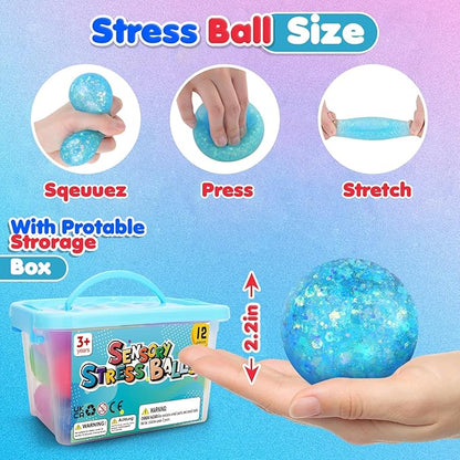 Stress Balls Fidget Sensory Toys: 12 Pack Squishy Stress Balls for Kids 3-12 - Hand Therapy Sensory Ball with Nervousness Pressure Relief - Squeeze Stress Toys Bulk - Classroom Prize Gift for Student