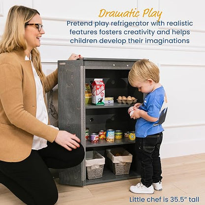ECR4Kids Play Kitchen Refrigerator, Wooden Playset, Grey Wash