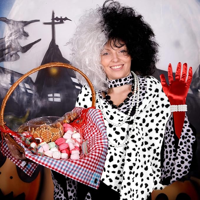 4 PCS Halloween Dalmatian Costume Accessories for Women Include Long Red Gloves Pearl Beads Necklace Bracelet and Plastic Holder 1920s Accessories for Characters Dress Up