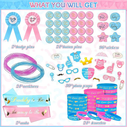 202 Pcs Baby Gender Reveal Party Supplies Favors Boy or Girl, Gender Reveal Ideas Gender Reveal Games Supplies, Baby Gender Reveal Bracelets, Team Boy Girl Button Pins