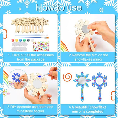 Fennoral 10 Pack Wooden Mirror Craft for Kids Decorate You Own Snowflake Mirrors for Girls DIY Paint Snowflake Crafts Wooden Hand Mirror for Art Activities Birthday Winter Christmas Gifts