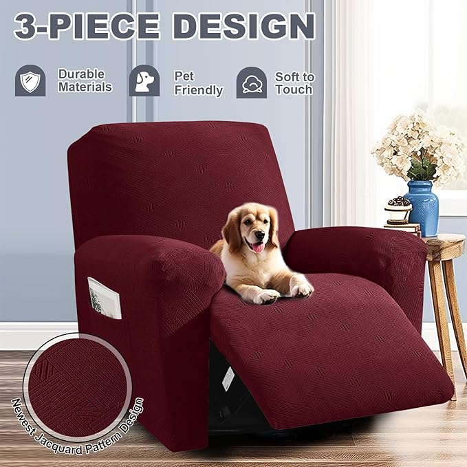 JIVINER Oversized Recliner Chair Covers, 3 Piece Slipcovers for Large Recliner Chair Soft Jacquard Reclining Chair Protector Slipcovers for Dogs,Cats (X-Large, Wine Red)