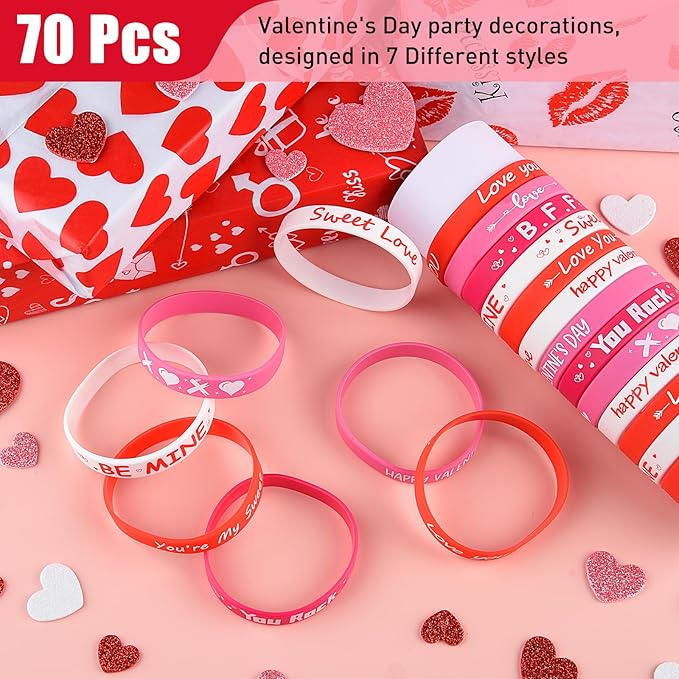 Morcheiong 70 Pcs Valentine's Day Silicone Bracelets Pink Red Party Favors Classic Rubber Wristbands for Kids Adults Valentine's Day Party Decorations