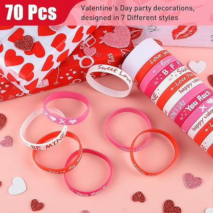 Morcheiong 70 Pcs Valentine's Day Silicone Bracelets Pink Red Party Favors Classic Rubber Wristbands for Kids Adults Valentine's Day Party Decorations