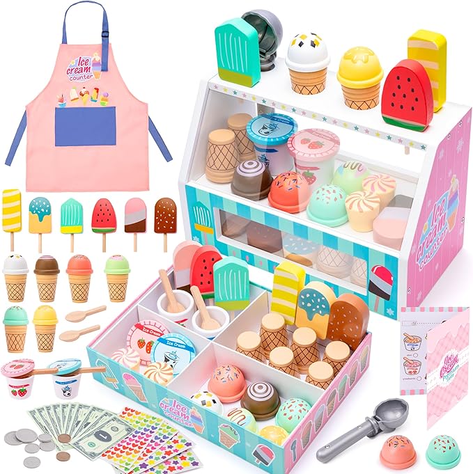 Meland Ice Cream Toy - Wooden Ice Cream Play Set with Aprons, Kids Toys for Toddlers Pretend Play, Toys for Girls Boys 3 4 5 6 7 Years Old Wooden Toys Play Store Playset for Kids Children Gift