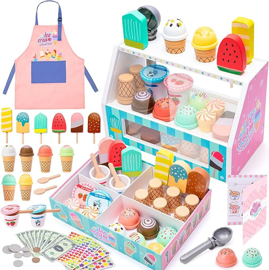 Meland Ice Cream Toy - Wooden Ice Cream Play Set with Aprons, Kids Toys for Toddlers Pretend Play, Toys for Girls Boys 3 4 5 6 7 Years Old Wooden Toys Play Store Playset for Kids Children Gift