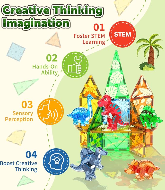 Magnetic Tiles Dinosaurs Magnet Building Blocks Toys for Kids Ages 3-5 4-8 8-12 Creative Animals Educational Stack Tile Construction for Boys Girls Toddlers 5-7 Year Old to STEM Learning